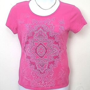 T shirt fuchsia pink 100% cotton stretch mandela print Crew Neck Short Sleeve